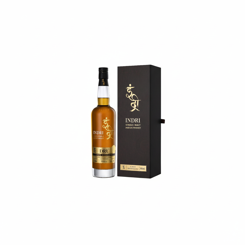 Indri Dru Cask Strength Single Malt Indian Whisky 700mL on white background