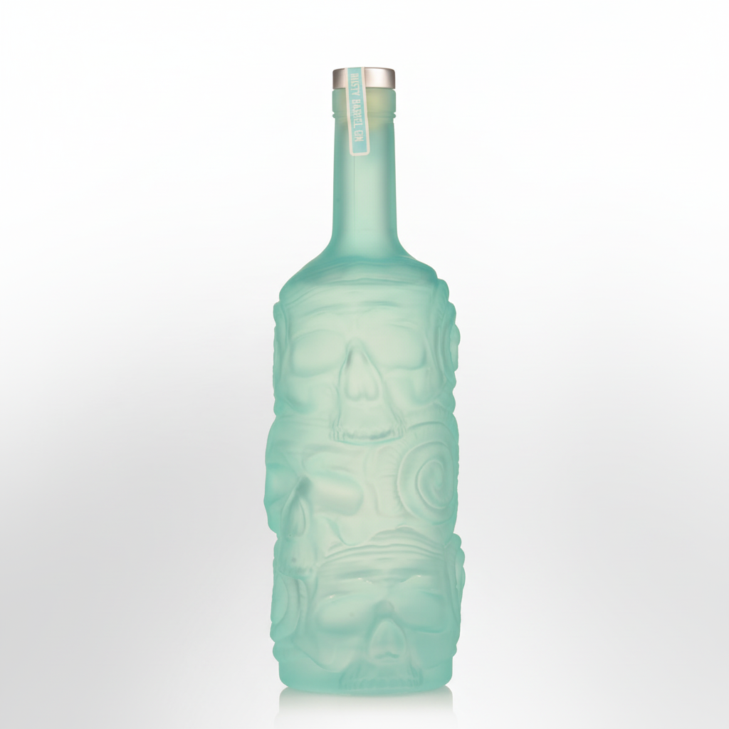 Rusty Barrel Gin 700mL frosted tiki bottle on white background