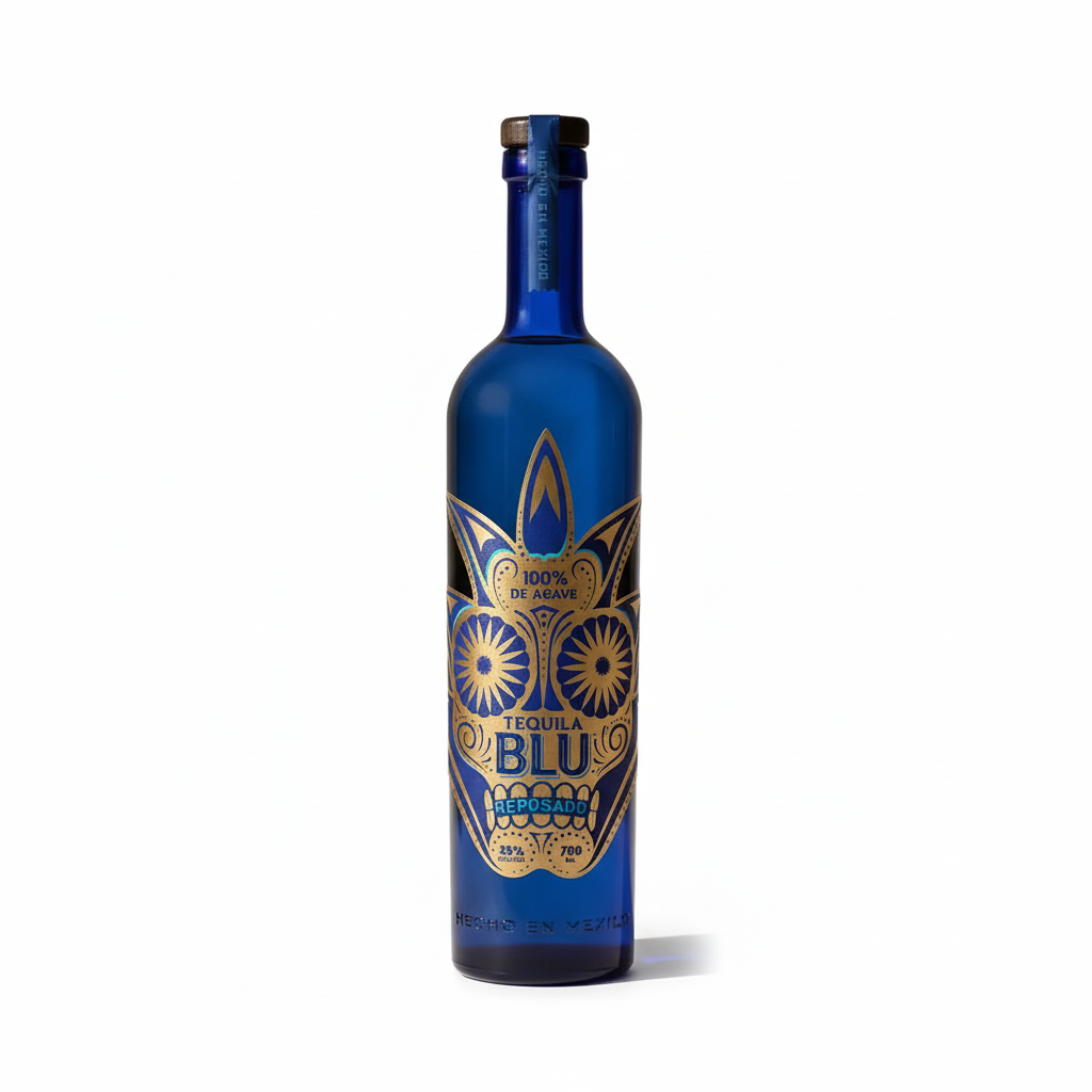 Tequila BLU Reposado 700mL cobalt blue bottle on white background