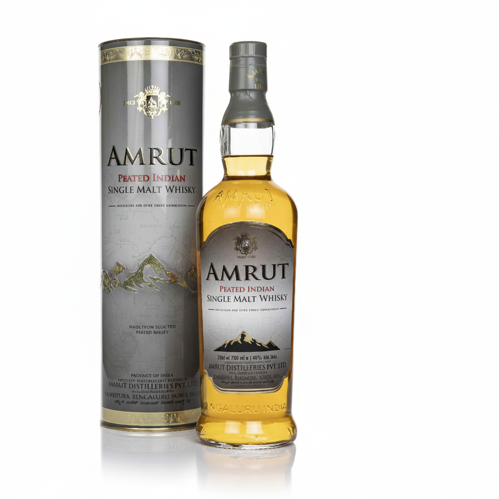 Amrut Peated Indian Single Malt Whisky 700mL with canister on white background